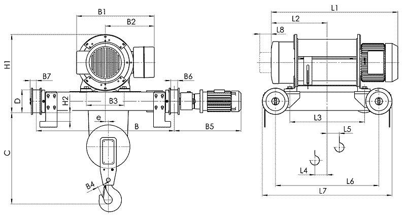 Elektroseilzug Т81 läuft auf einer Kranlaufkatze, Einscherung 2/1